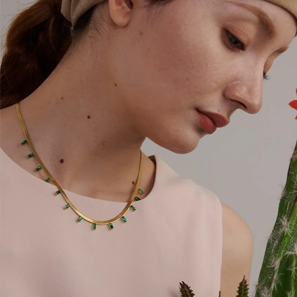 NEW 18K Gold Plated Green Baguette Stone Flat Herringbone Necklace